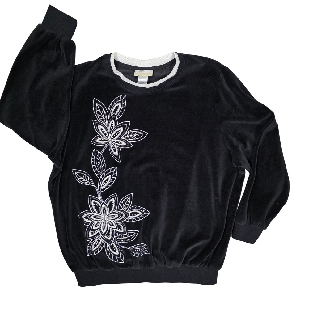 Alfred Dunner Velour Embroidered Crew Neck Sweatshirt Womens 1X Grandmacore Cozy